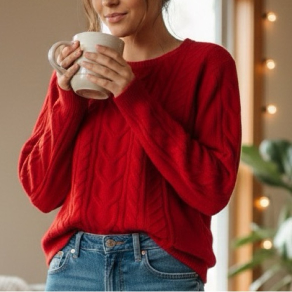 J. Jill Red Crewneck Sweater with Cable Knit Detail